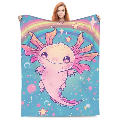 Cute Pink Axolotl Rainbow Blanket: Kawaii Creature with Stars