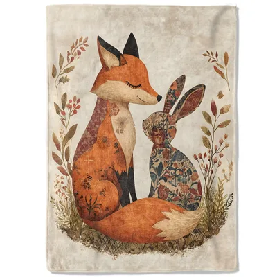 Fox and Rabbit Vintage Blanket: Whimsical Fox and Bunny Illustration