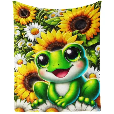 Cute Frog in Sunflowers Blanket