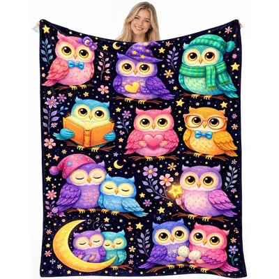 Cute Owls with Hats Blanket featuring colorful owls