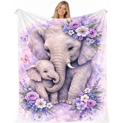 Mother and Baby Elephant Flowers Blanket: Soft Purple Art