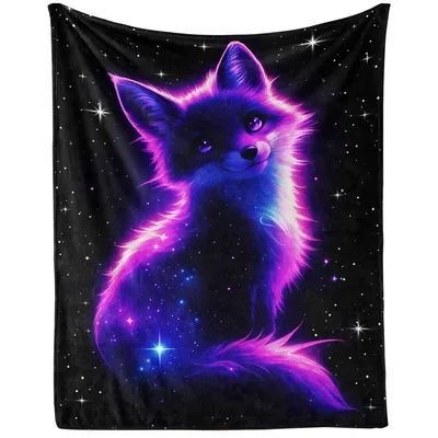 Glowing Purple Space Fox Blanket: Neon Cosmic Art for Stargazers