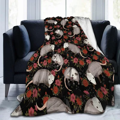 Possums Among Red Flowers Blanket: Opossum Lovers Floral Throw
