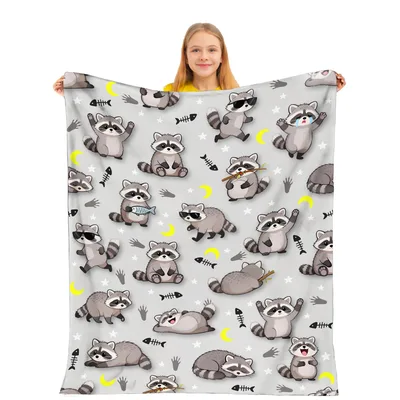 Raccoon Pattern on Gray Blanket featuring cartoon bandits