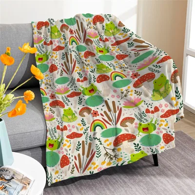 Rainbow Mushroom Frogs Blanket featuring cheerful toads