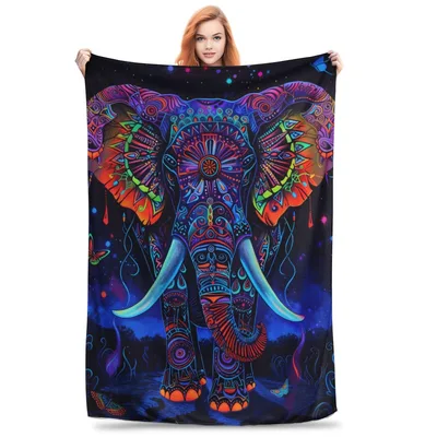 Colorful Mandala Elephant Blanket: Neon Art Design for Home