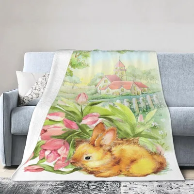 Vintage Easter Bunnies Tulips Blanket: Cozy Spring Bunny Art
