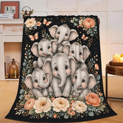 Elephant Family Floral Blanket: Cute Elephant Herd with Roses