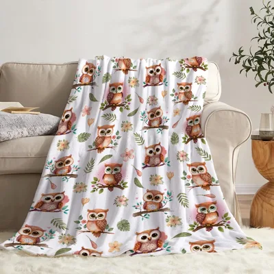 Cute Owl Floral Pattern Blanket featuring cartoon owls