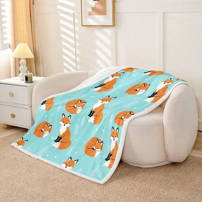 Cartoon Foxes Pattern Blanket: Cute Orange Foxes on Teal Background