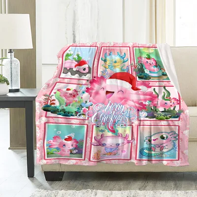 Cute Axolotl Pink Frames Blanket featuring a festive pink axolotl