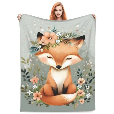 Cute Flower Fox Blanket: Sleeping Fox with Floral Crown Design