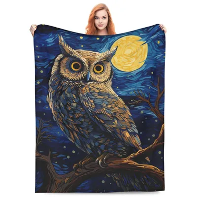 Owl Starry Night Painting Blanket