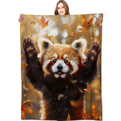 Red Panda Autumn Leaves Blanket: Playful Wildlife Art for Fall