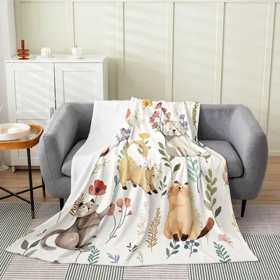 Cartoon Cats Floral Pattern Blanket: Whimsical Cat and Flower Design