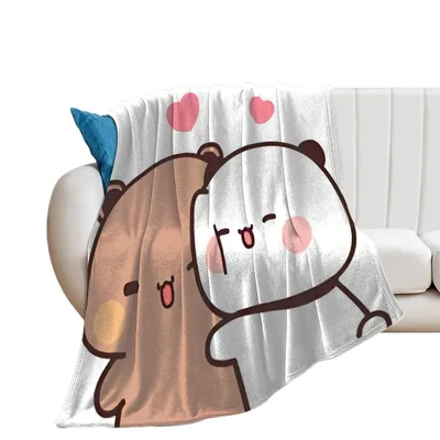 Cute Panda and Bear Blanket: Hugging Cartoon Friends with Pink Hearts