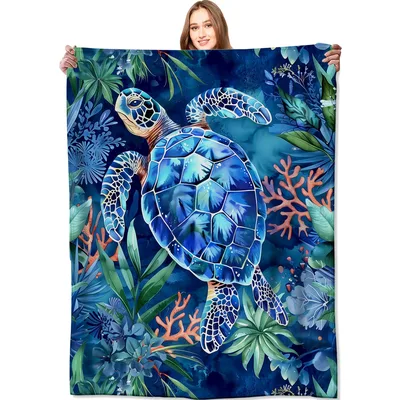 Sea Turtle Underwater Coral Blanket: Marine Life Art for Ocean Lovers