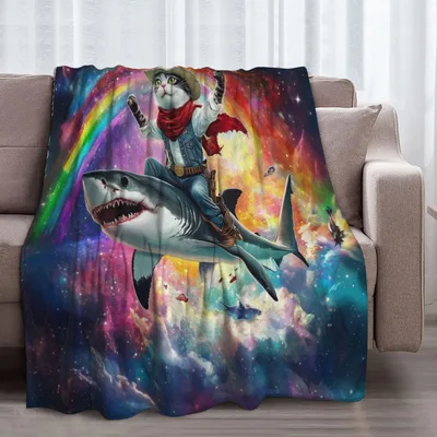 Cowboy Cat Riding Shark Blanket: Whimsical Feline Adventurer