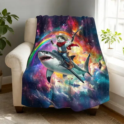 Cowboy Cat Riding Shark Blanket No. 2