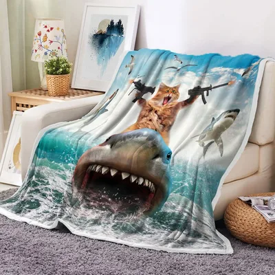 Cat Riding Shark Ocean Blanket: Fierce Cat with Guns on a Giant Shark
