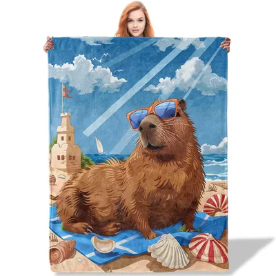 Capybara Wearing Sunglasses Blanket: Cool Beach Scene with Sandcastle