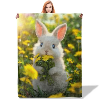 Cute Bunny Holding Dandelions Blanket