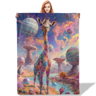 Giraffe Among Space Planets Blanket: Whimsical Alien Landscape Art