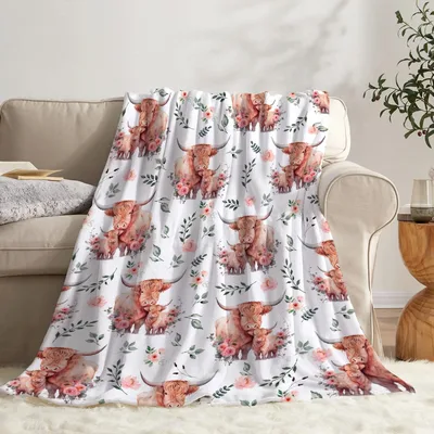 Pink Animal Pattern Blanket: Highland Cow and Floral Throw Design