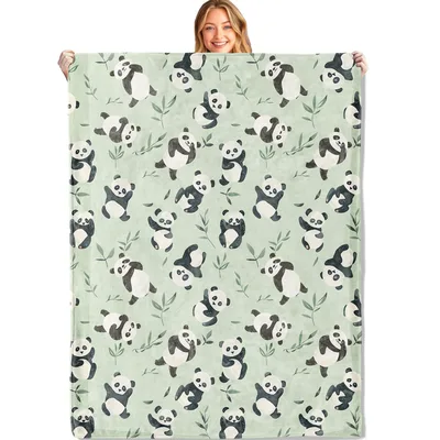 Cute Panda and Leaves Blanket: Playful Black and White Bears