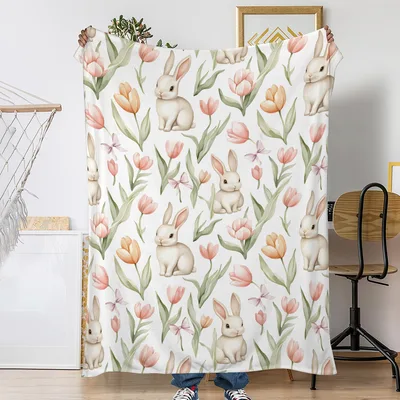 Rabbits and Pink Tulips Blanket: Soft Bunny and Flower Throw
