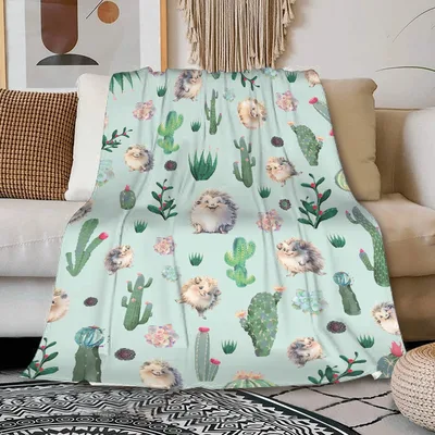 Cute Hedgehog Cactus Pattern Blanket: Cozy Desert Animal Design