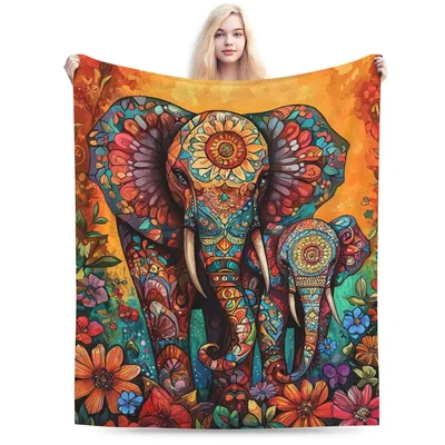 Boho Mandala Elephant Blanket: Colorful Floral Art for Your Room