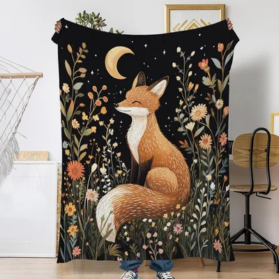 Fox Under Moon and Flowers Blanket: A Serene Fox Amidst Wildflowers