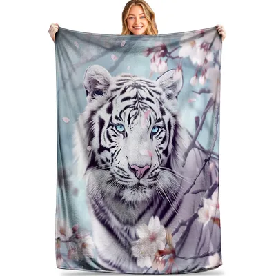 White Tiger Cherry Blossom Blanket: Majestic Feline Art for Your Home