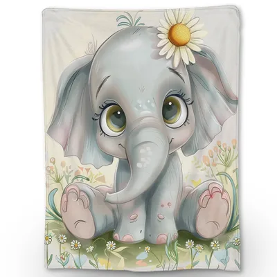 Cute Elephant with Daisy Blanket: Soft Fleece and Sherpa Animal Throws