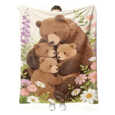 Bear Family with Flowers Blanket: A Watercolor Bear Hugging Cubs