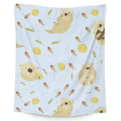 Cute Otters Light Blue Blanket: Playful Sea Creature Pattern for Kids