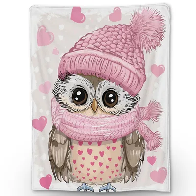 Cute Owl in Pink Beanie Blanket featuring a fluffy owl