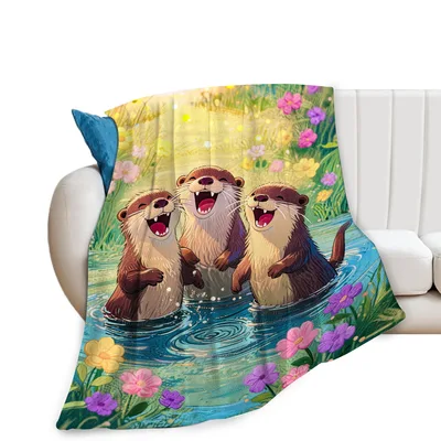 Sea Otters Swimming Painting Blanket: Joyful Wildlife Art