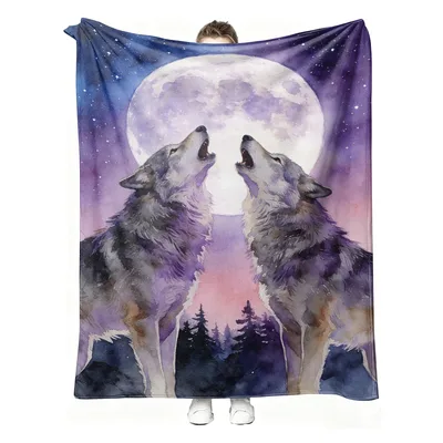 Two Wolves Howling at Moon Blanket: A Watercolor Night Scene