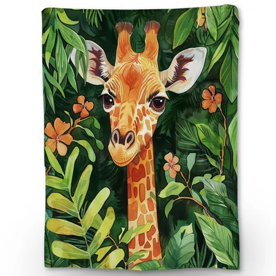 Giraffe Face Tropical Leaves Blanket Jungle Art Design