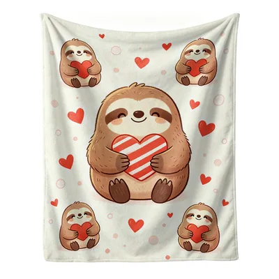 Cute Sloth Holding Heart Blanket: Cozy Cartoon Sloths with Red Hearts