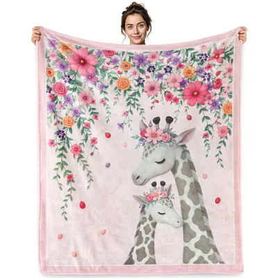Giraffe with Floral Crown Blanket featuring a mother