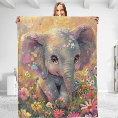 Baby Elephant in Flowers Blanket: Cute Wildflower Art Design