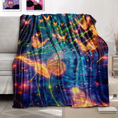Glowing Neon Butterfly Art Blanket: Electric Wings on Deep Blue