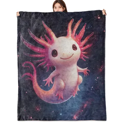 Cute Axolotl Galaxy Blanket: Smiling Fantasy Creature in Space