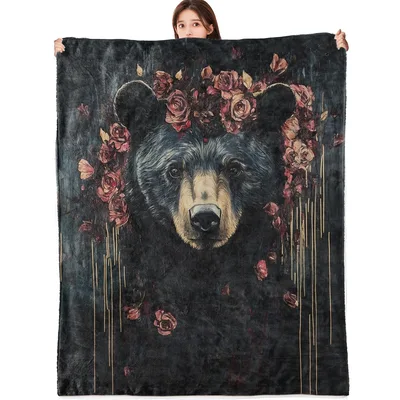 Black Bear with Roses Blanket: Dark Floral Art for Cozy Spaces