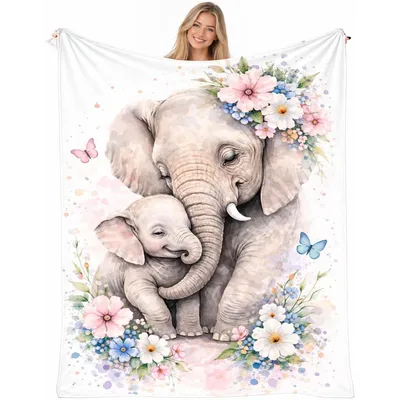Mother and Baby Elephant Blanket with Watercolor Floral Art