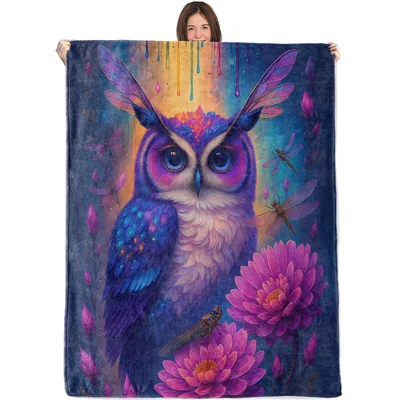 Colorful Owl with Flowers Blanket No. 2: Fantasy Bird Design