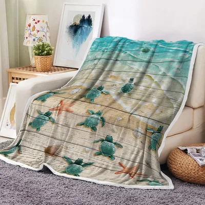 Sea Turtles on Beach Wood Blanket: Coastal Art with Starfish